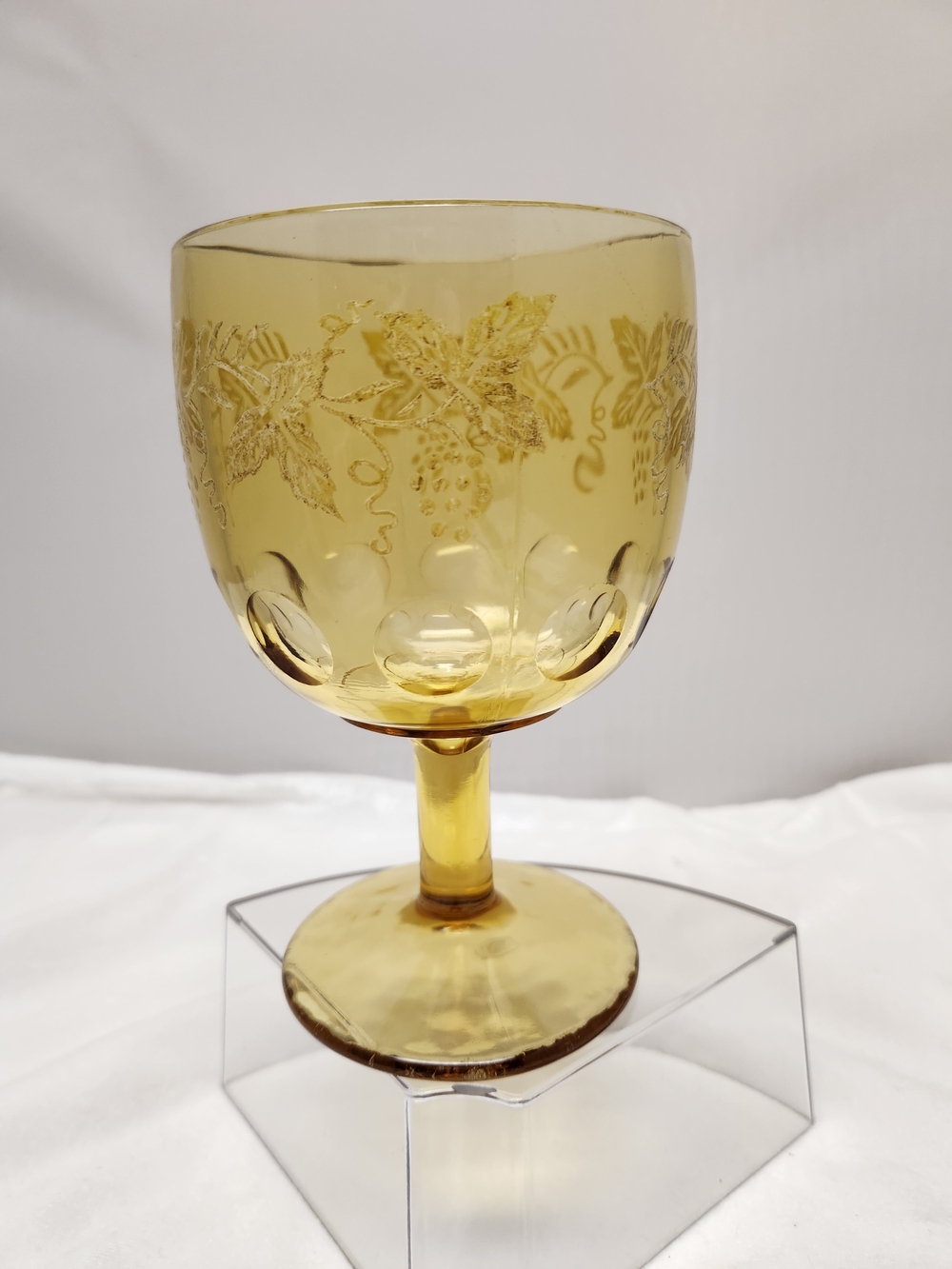 Etched Amber Glass Goblet with Vine Motif